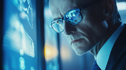 focused IT security professional analyzes data in high tech office, showcasing expertise and determination in modern environment
