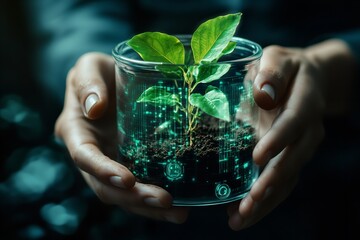 Hands lifting glass dome revealing emerging plant with roots on dark background