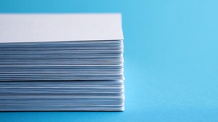 Neat Stack of White Papers on a Light Blue Surface, Perfect for Office or Business Concepts.