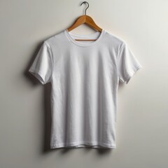 Blank white t-shirt on wooden hanger on gray background