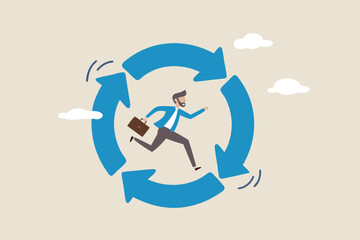Working habit, life cycle or daily routine behavior, agile development, discipline or working efficiency, procedure or process to success concept, businessman running on habit circle arrow diagram.