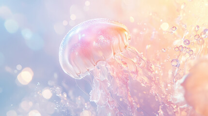 pastel jellyfish floats gracefully in ethereal ocean, glowing softly amidst shimmering bubbles and light reflections, creating serene and magical atmosphere