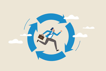 Working habit, life cycle or daily routine behavior, agile development, discipline or working efficiency, procedure or process to success concept, businessman running on habit circle arrow diagram.