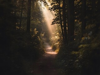 Mystical Forest Path: Sunbeams and Shadows in Serene Woodland Adventure