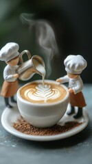 Obraz premium Miniature Chefs Pouring Latte Art into Coffee Cup, Culinary Concept, Still Life Photography, Warm Tone, Barista Art