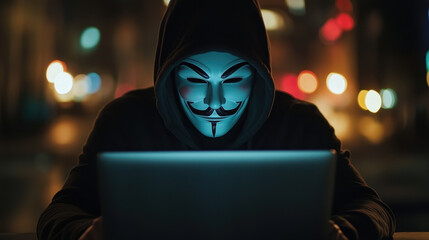 mysterious figure wearing mask sits in front of laptop, embodying themes of digital anonymity and privacy. blurred city lights in background create intriguing atmosphere