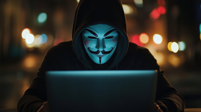 mysterious figure wearing mask sits in front of laptop, embodying themes of digital anonymity and privacy. blurred city lights in background create intriguing atmosphere