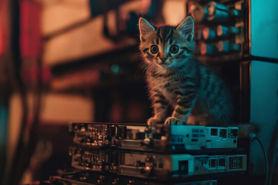Adorable kitten exploring a server room, perched on a stack of hard drives, showcasing the contrast between technology and nature