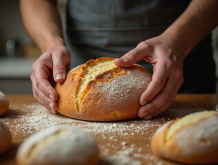 Baker with freshly baked bread. Bakery background