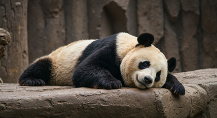 Fototapeta premium Panda resting peacefully on a rock in a natural habitat 