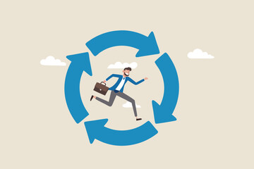 Working habit, life cycle or daily routine behavior, agile development, discipline or working efficiency, procedure or process to success concept, businessman running on habit circle arrow diagram.