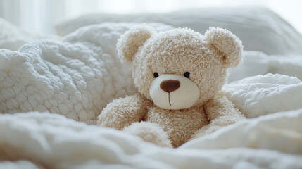 Fototapeta premium Soft plush teddy bear sitting on cozy bed surrounded by soft blankets, evoking sense of warmth and comfort. This adorable toy adds touch of innocence to any space
