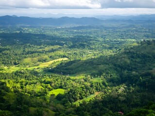Obraz premium Aerial View of Lush Greenery and Rolling Hills: Panoramic Landscape with Mountains, Valleys, and Scenic Sky - Perfect for Travel and Adventure Enthusiasts