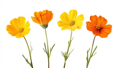 Four Vibrant Orange and Yellow Cosmos Flowers on White