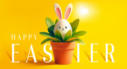 Easter greetings concept. 3D Easter eggs with bunny ears. Flower pot with Easter eggs. Happy easter horizontal banner, greeting card, postcard, poster, flyer, hunting holiday design. Yellow background © Nataliia