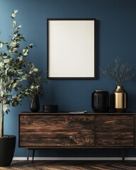 Modern, minimalist living room vignette featuring a dark wood cabinet, framed artwork, and greenery.  Dark teal wall,  natural light,  stylish decor