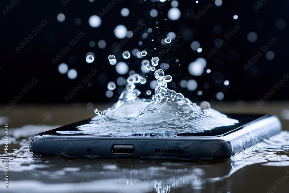 Poster phone splashes in water creating ripples and droplets in a dark setting