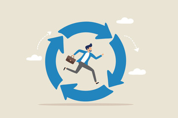 Working habit, life cycle or daily routine behavior, agile development, discipline or working efficiency, procedure or process to success concept, businessman running on habit circle arrow diagram.