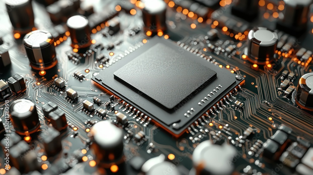 Poster close-up of a modern microchip on a circuit board