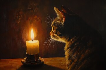 Cat Watching Candle Flame .