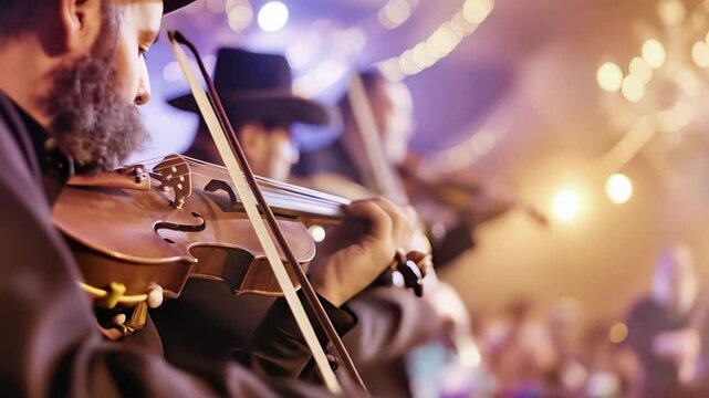 Professional Klezmer band performing authentic Jewish wedding music, showcasing traditional string instruments and cultural musical artistry during festive celebration