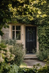 Fototapeta premium A delightful garden entrance features a striking black door that is beautifully framed by abundant greenery, all set within a peaceful countryside landscape