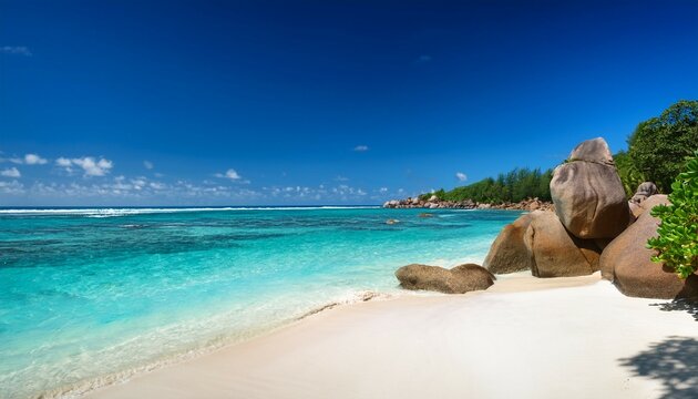 stunning seychellois beach with turquoise waters and granite boulders under clear blue sky