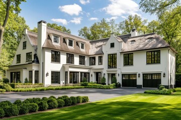 Luxury modern house surrounded by lush greenery in a serene neighborhood on a sunny day with clear blue skies and beautifully maintained landscaping