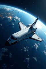 Obraz premium Space shuttle in orbit around Earth with beautiful blue planet in the background, space travel, astronomy, orbit