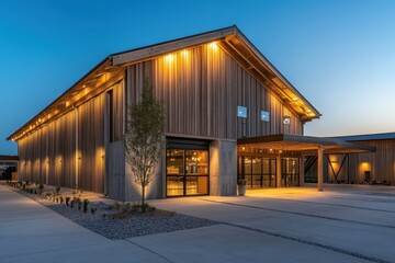 Modern barn architecture showcases sleek design with warm lighting at dusk, inviting guests for gatherings and events in a tranquil outdoor setting