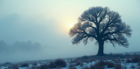 Eerie black tree silhouetted against a background of fog and snow, eerie, foggy sky, mist