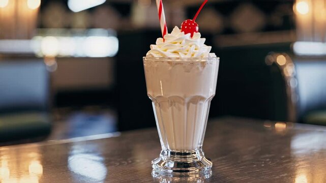 Close-up video of a classic milkshake with whipped cream and cherry, shot at eye level in a retro diner setting, highlighting vintage style.