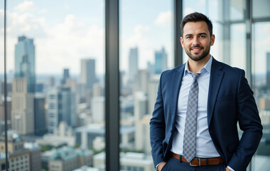 Confident business leader standing in front of a glass wall, young smiling businessman standing in corporate office