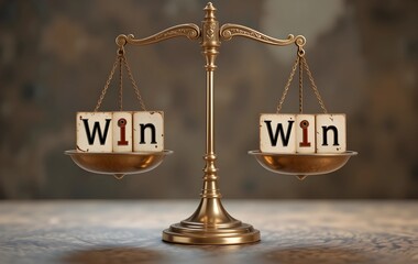Set of scales perfectly balanced with the words "Win-Win" highlighting fairness and equal benefit, scales perfectly balanced showing win win situation