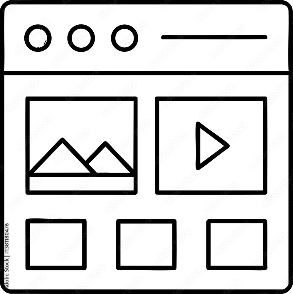 Poster a simple black-and-white illustration of a web browser interface featuring image and video placehold
