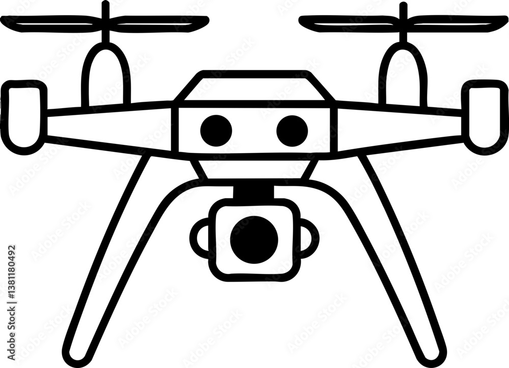 Poster a simple line drawing of a drone, showcasing its sleek design and camera feature with two rotors pos