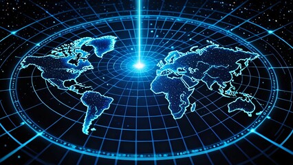 Futuristic glowing world map, global network, digital earth, technology concept.
