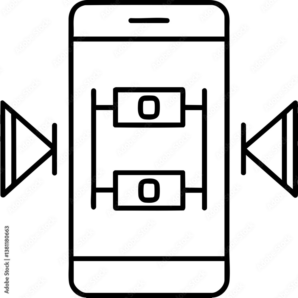 Poster a simple line drawing of a smartphone with two speakers, representing audio playback or sound featur