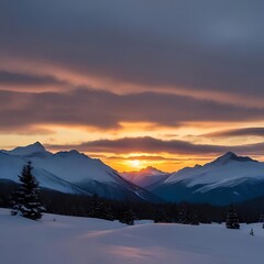 Winter sunset paints the snow-covered mountains in hues of orange and pink, creating a serene and beautiful landscape scene.