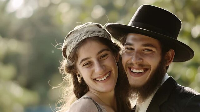 Young Jewish couple standing close, embracing tenderly in sunlight, embodying cultural heritage, sharing intimate connection with genuine emotional warmth