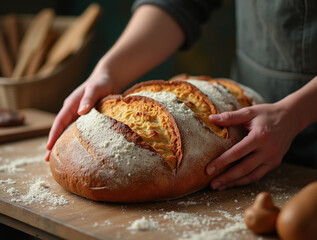 Baker with freshly baked bread. Bakery background