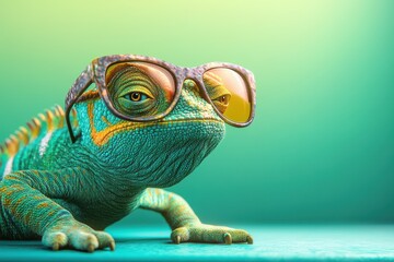 Chameleon wearing sunglasses on a green background 3d rendering Colorful chameleon wearing glasses on green background 3D rendering .