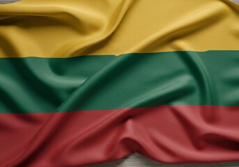 Lithuanian Flag National Symbol of Lithuania, Baltic Country, Gold, Green, Red Colors, Fabric Texture, Waving Cloth