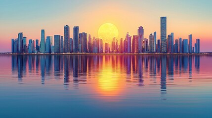 Fototapeta premium Sunset Cityscape Reflection: A Serene Urban Panorama