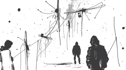 Abstract urban scene with figures walking