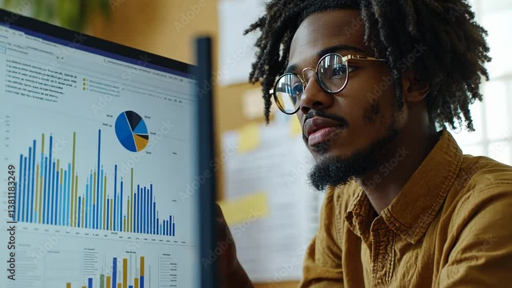 Poster young businessman in office analyzing data on computer screen generative ai