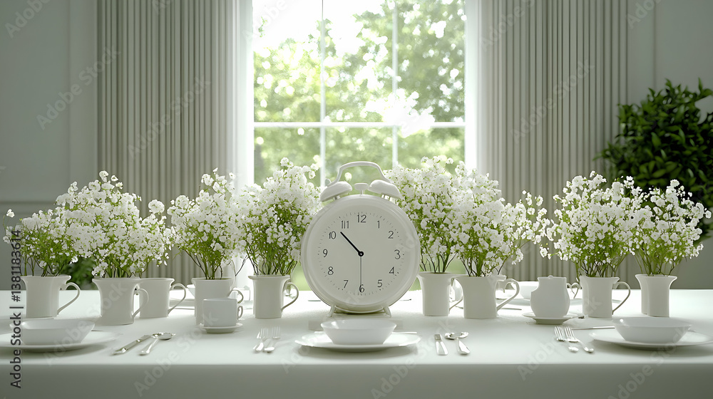Poster white alarm clock and flowers on a table setting