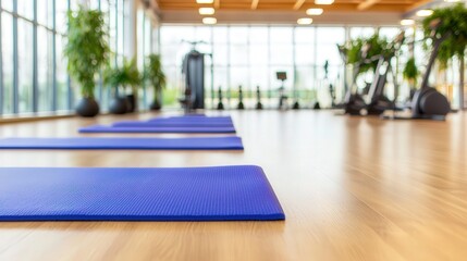 A bright fitness studio with multiple yoga mats, plants, and exercise equipment, creating a serene workout environment.