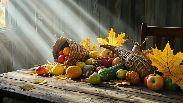 Autumn Harvest Bounty on Rustic Table