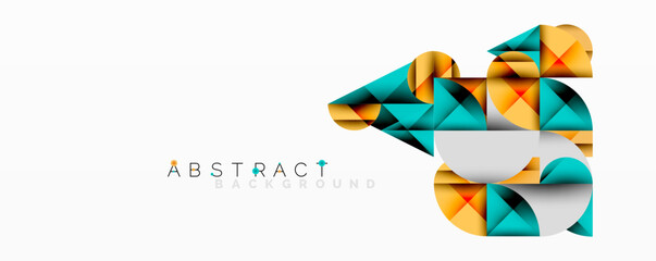 Geometric shapes create abstract design. Teal, gold, orange colors blend. White space provides contrast. Modern, dynamic composition.